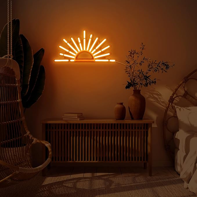 Ganeen Orange Sunrise Sunset Neon Sign Boho Wall Art Neon Lights for Bedroom Sun on The Horizon LED Signs Wall USB Night Room Decor for Living Room, Kitchen, Bathroom, Office Decor, Christmas Gifts