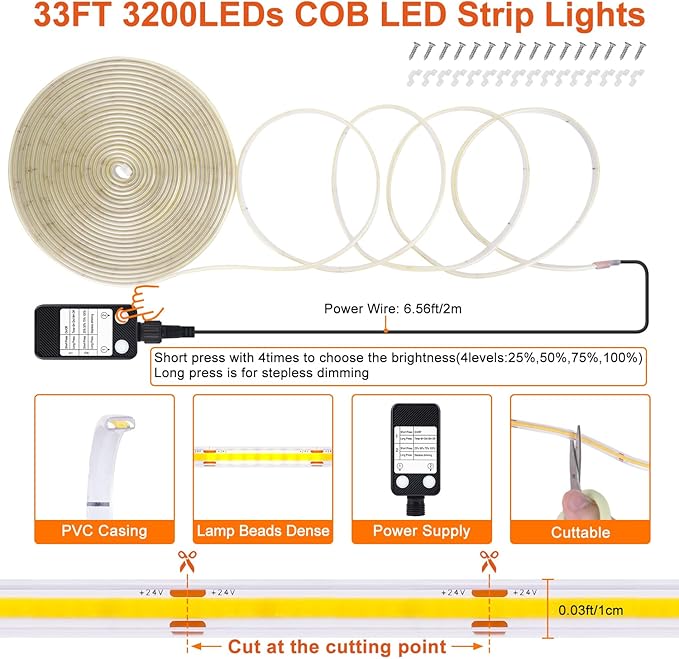 OMIKA Green 33FT COB LED Strip Lights Outdoor Waterproof, 3200 LED Plug in Strip Light PVC Casing Tape Light Flexible with Self-Adhesive Timer Dimmable for House Garden Camping DIY