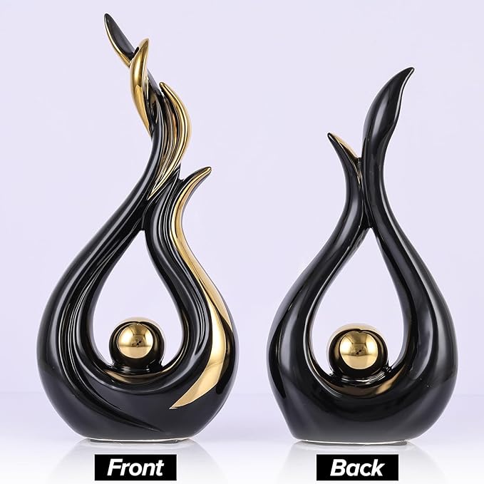 Black and Gold Abstract Ceramic Sculptures 2 Set,Modern Home Decor Dining Table Objects,Ceramic Art Statue for Coffee Table, Shelf, Dining Room, Kitchen, Tv Stand, Entryway Or Desktop Display