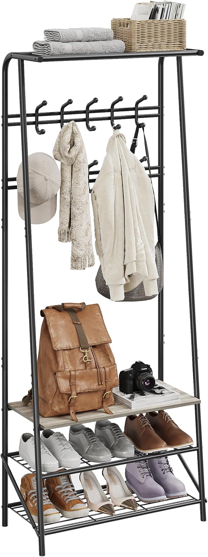 4-in-1 Hall Tree with Shoe Bench & Double Row Hooks (10) – 3-Tier Storage Shelf, Metal Frame, Wood Accent – Entryway Coat Rack for Hallway, Bedroom – Gray, 60cm Wide
