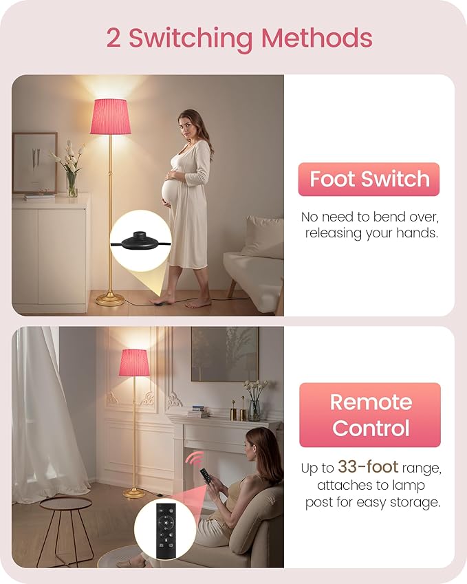 Pink Floor Lamp for Living Room, 68" Standing Lamp, Dimmable Reading Light with Remote & Foot Pedal, with LED Bulb, for Living Room, Bedroom, Girls Room FCC Listed, Gold and Pink DP12LD05