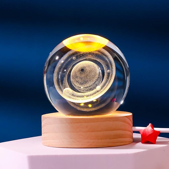 3D Crystal Ball Night Light, Galaxy Lamp Sphere Orb with 7 Color LED on Wooden Base, Glass Globe Lamp for Bedroom Decor, Celestial Cosmic Crystal Light, Birthday Gift for Teens Boys Girls (Saturn)