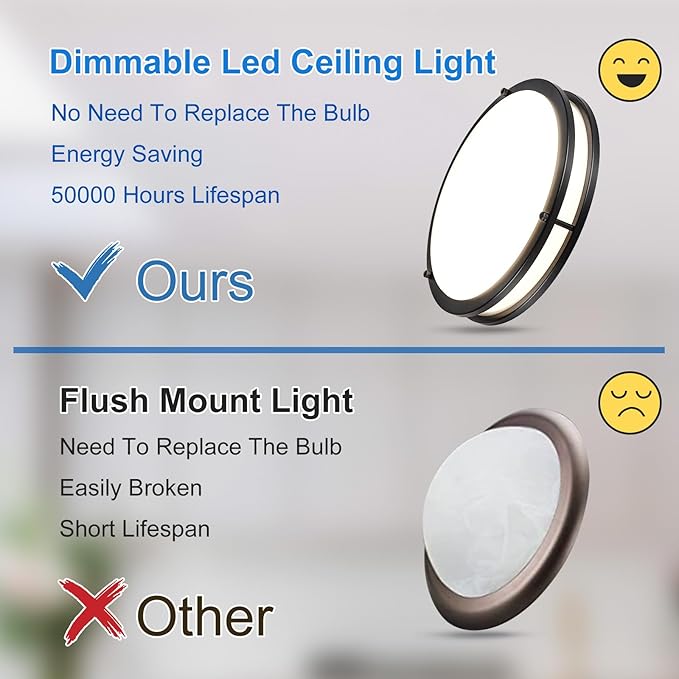 DLLT 2Pack Flush Mount LED Ceiling Light: 13 Inch 5CCT (3000K-6000K) & Dimmable Ceiling Light Fixtures for Bedroom Hallway - 24W Modern Black Super Bright Kitchen Lighting Fixtures Ceiling