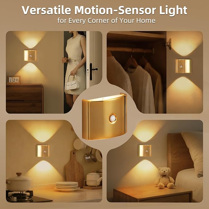2 Pack Motion Sensor Wall Light, Rechargeable Wall Sconce with 3 Color Temperatures and Brightness Adjustable, Wireless Magnetic Mount for Bedroom, Stair, Hallway, Closet (Gold)