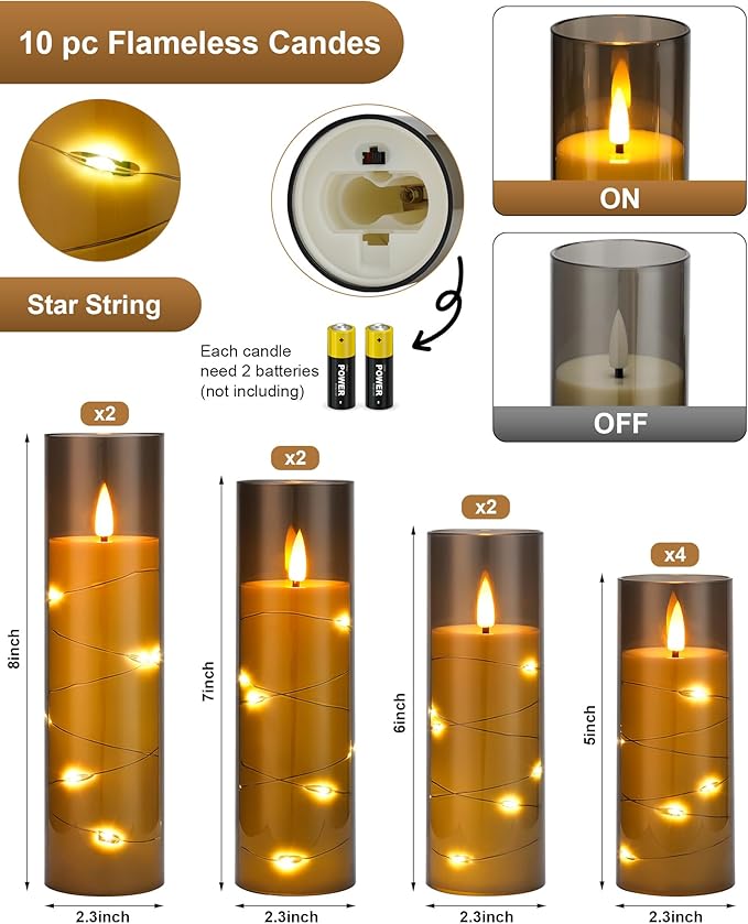 Enido Flameless LED Candles with Remote & Timer, Battery Operated Acrylic Pillar Set, 10 Pc Flickering Electric Lights with Embedded Star String for Cozy Home & Holiday Romantic Decor (Matte Grey)