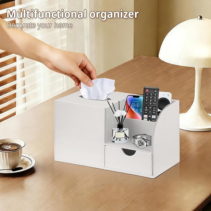 PUSU Square Tissue Box Cover with Storage Drawer, PU Leather Facial Tissues Cube Boxes Holder, Modern Makeup Remote Control Holder, Nightstand Organizer Caddy for Bathroom Vanity, Office, Home Decor