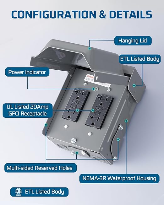 DEWENWILS Outdoor Electrical Outlet Box, Dual 20 AMP WRTR GFCI Receptacles with Rainproof 3R Enclosure, Waterproof GFCI Outlet Box with Cover for Garden, Outdoor Lights, ETL Listed