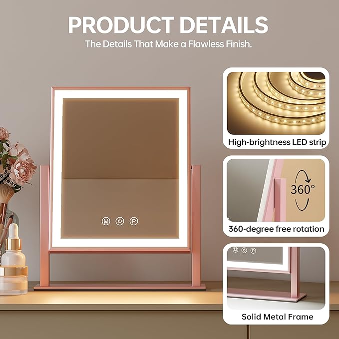 LED Lighted Vanity Mirror 11.81"x13.38" - Sensitive Smart Touch, 3 Dimmable Modes, 360° Smooth Rotation Desk Makeup Mirror Pink