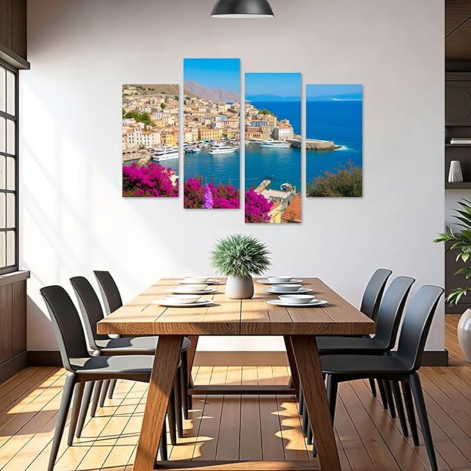 Canvas Wall Art Prints Pictures Symi town cityscape Dodecanese islands Greece Framed Posters Modern Wall Painting Artwork Gift Home Decor for Living Room Ready to Hang 4 Panel