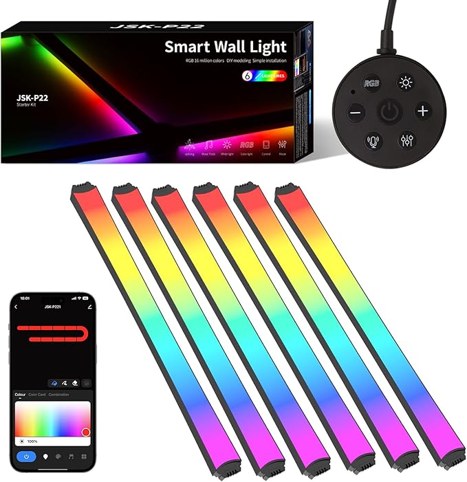 Smart LED Wall Lights, Music Sync Voice Control DIY RGB Light Bar with 16M+ Color & 44+ Scenes, Dimmable Home Decor Wi-Fi Wall Light for Gaming Room TV Bedroom (6 Lines)