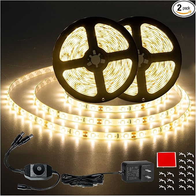 50ft Warm White Led Strip Lights, 12V Waterproof Flexible Led Light Strip, Cuttable Dimmable led Rope Tape Light Indoor for Bathroom, Fish Tank, Bedroom, Kitchen