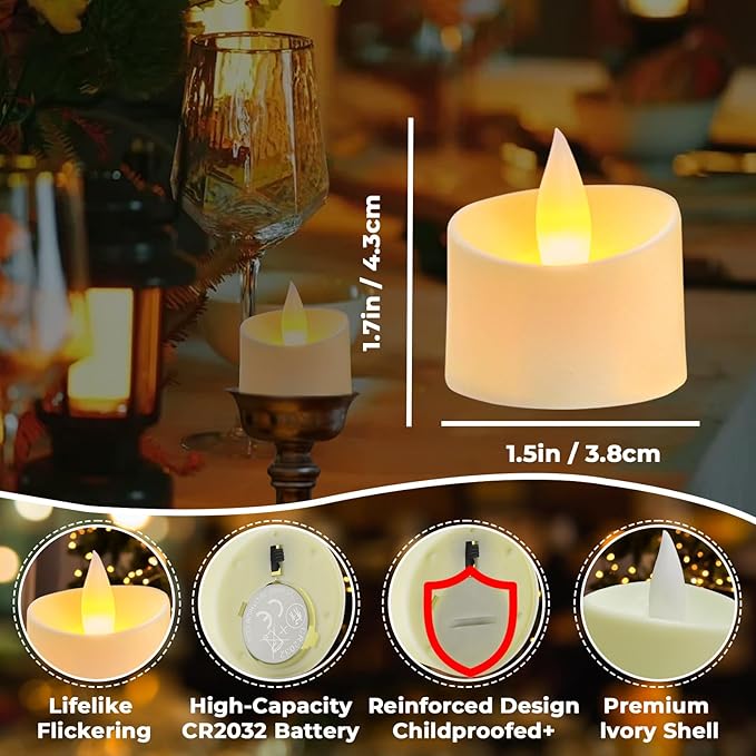 Ivory Flameless Tea Lights - 12 Pack Cozy LED Candles with Realistic Dancing Flicker, Standard Size Votives for Home Decor, Table Centerpiece, Bathroom (Ivory Base, 12 Pack)
