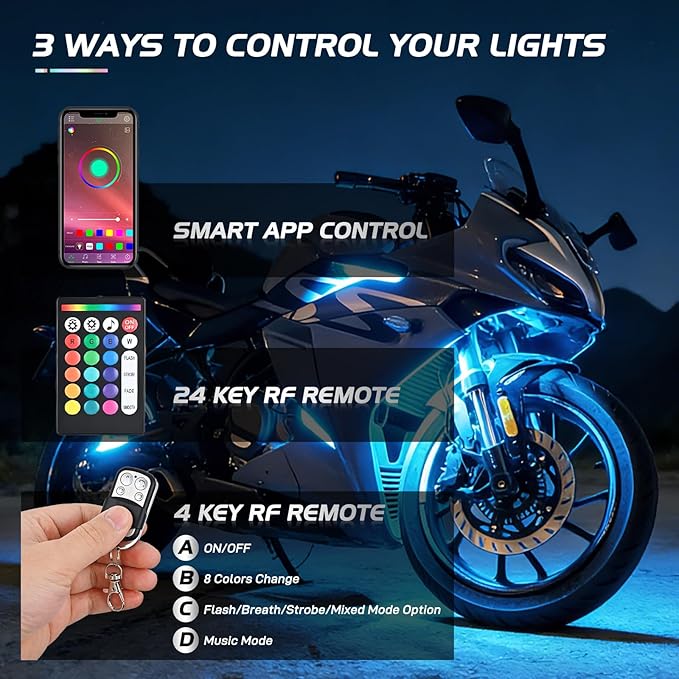 Nilight 20PCS Motorcycle RGB LED Light Kit Waterproof Multi Color Atmosphere Neon Accent Lights Lamp APP and Remote Control Underbody Strips for Harley Davidson Honda Kawasaki Yamaha Suzuki