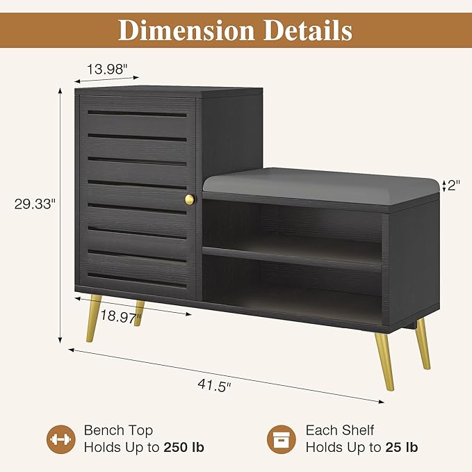 VECELO Shoe Storage Bench with Door&Shelf, Entryway Bench with Seat Cushion, for Hallway, Bedroom, Living Room, L-Shaped, Black