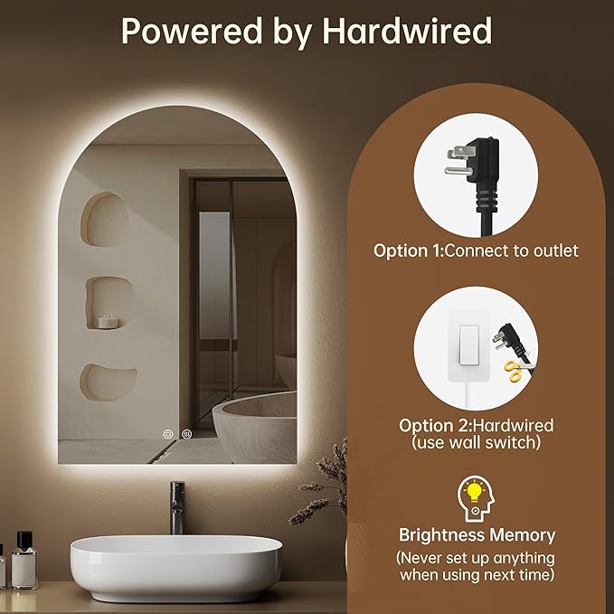 Arched Backlit Mirror Bathroom 20"x30"- Frameless LED Bathroom Mirror with Lights, Fogless, Dimmable, 3 Color Changing, Shatterproof, Touch Sensor