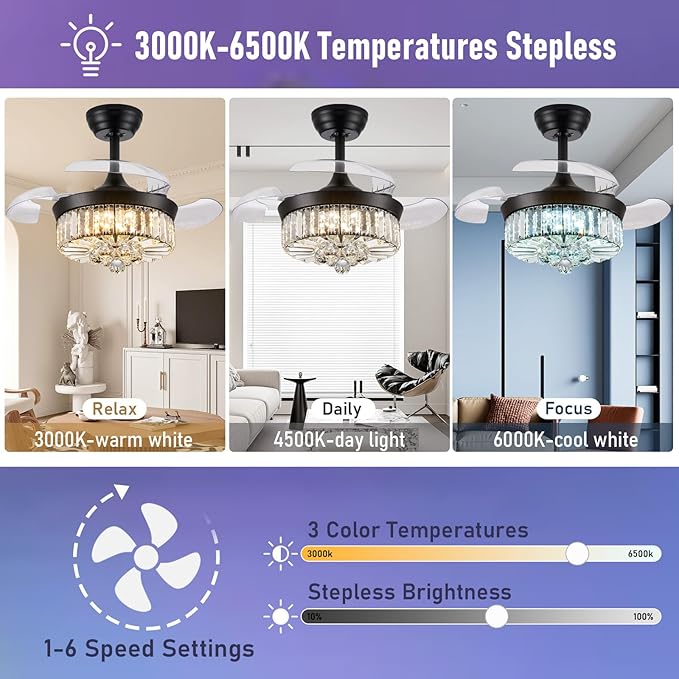 30" RGB Fandelier Ceiling Fan with Light, Retractable Crystal Chandelier Fan LED Dimmable Ceiling Fan and Remote APP Control for Living Room Dining Room Bedroom Black