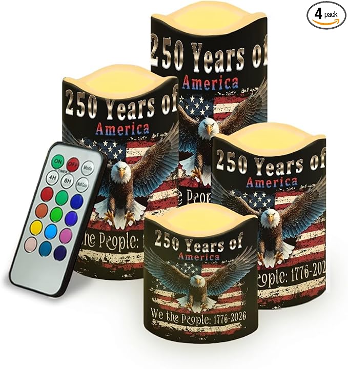 We the People Flameless LED Candles American Flag Bald Eagle Lamp Battery Operated Flickering Timer 250th Anniversary Candle Aesthetic Cozy Minimalist Home Decors Set of 4