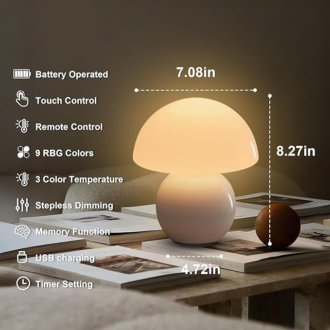 Cordless Cute Mushroom Lamp with Remote Control, 9 RGB, Cordless Lamps for Tables, 3 Color Temperature, Stepless Dimmable, Timer, Memory, Unique Aesthetic Home Decor for Living Room (White)