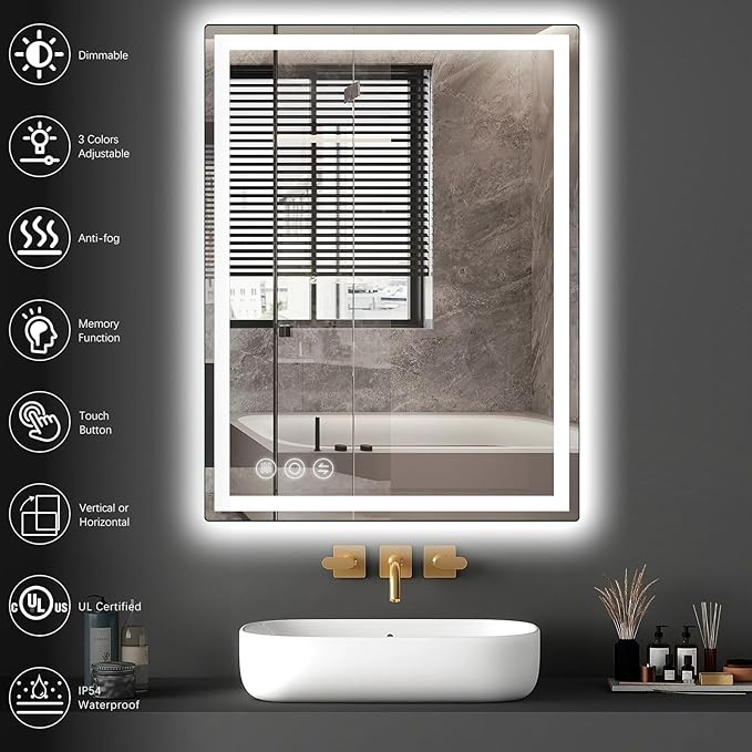 Bathroom Mirror, 28"x 36" LED Mirrors with Anti-Fog, Stepless 3 Colors Temperature & Dimmable, Memory Tempered Glass Bathroom Mirrors for Over Sink, Vanity Mirror with Lights