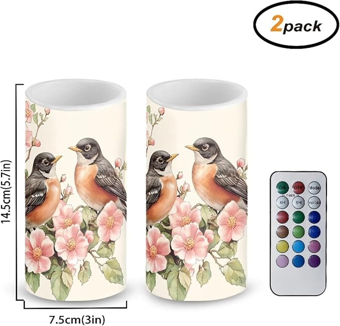 Robin Bird Flameless Candles 2 Pack 6 x 3 inch Battery Operated Candles with Multicolor Timer Remote Control LED Fake Candles for Warm Light Dinner Table Home Decor