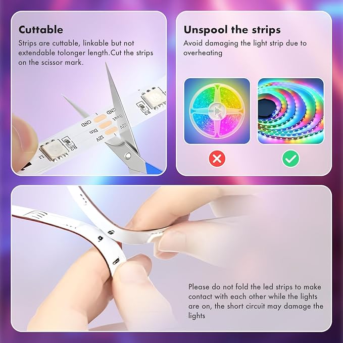 Led Lights for Bedroom 50FT Smart IC+RGB, Music Sync Color Changing Strip Lights, 24Key Remote+App Control Light Strip for BedHead,Underbed,Ceiling,Background Wall