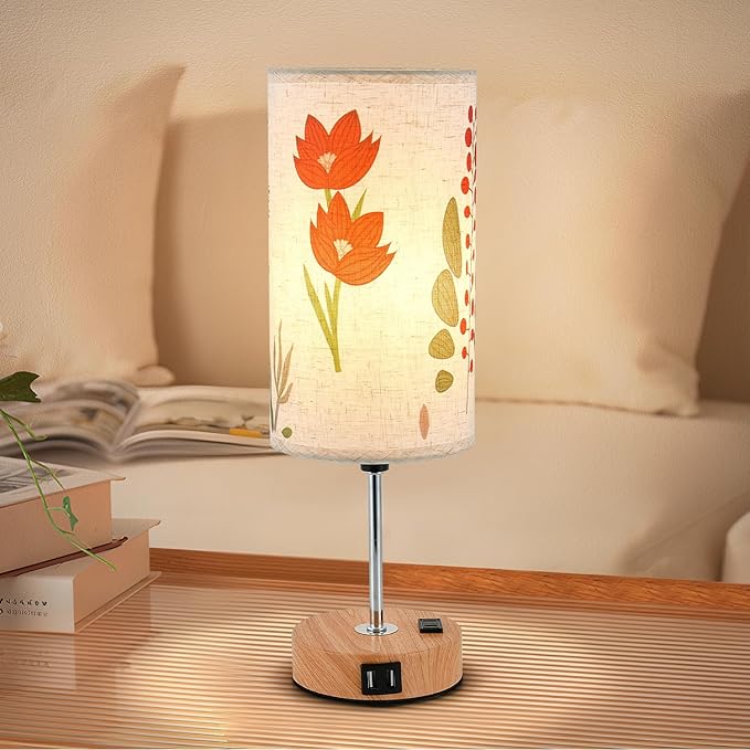 Flower Touch Table Lamp,3-Way Dimmable Bedside Lamps with USB Port and Outlet,Cute Lamp with Wood Grain Base,Vintage Lamp for Bedroom,Room Decor,flower1