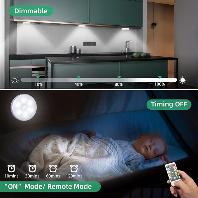 Lightbiz LED Closet Lights Wireless Motion Sensor Puck Light, Newest Version USB Rechargeable Dimmer Step Light with Remote, Night Safe Lighting for Under Cabinet, Kitchen, Hallway, Stairs (3 Pack)
