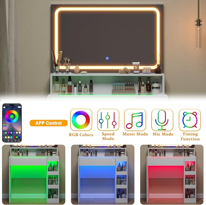 Makeup Vanity Desk with Mirror and Lights, LED Tempered Glass Top, 3 Lighting Modes Brightness Adjustable,Power Outlet,Bedroom Dressing Table, Snow White