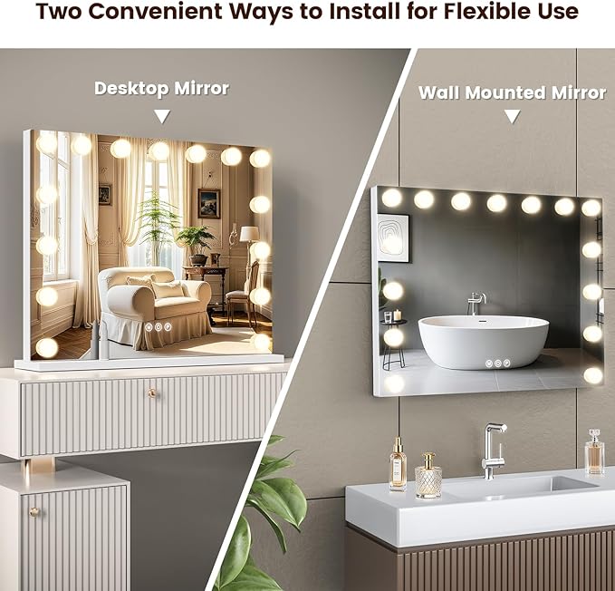 VESAUR Hollywood Vanity Mirror with 10X/15X Magnification and Lights, USB/Type-C Port Makeup Mirror with 15 Dimmable LED Bulbs, 3 Color Modes, Tabletop & Wall Mount for Bedroom, Aluminum（23"x18"）