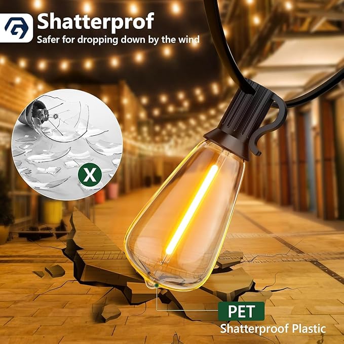 GPATIO Outdoor String Lights, 50FT ST38 Bulbs Shatterproof Patio Lights, Waterproof Dimmable Outside Hanging Light, Connectable LED Outdoor Lights for Backyard, Porch, Party, Garden, Home Decor