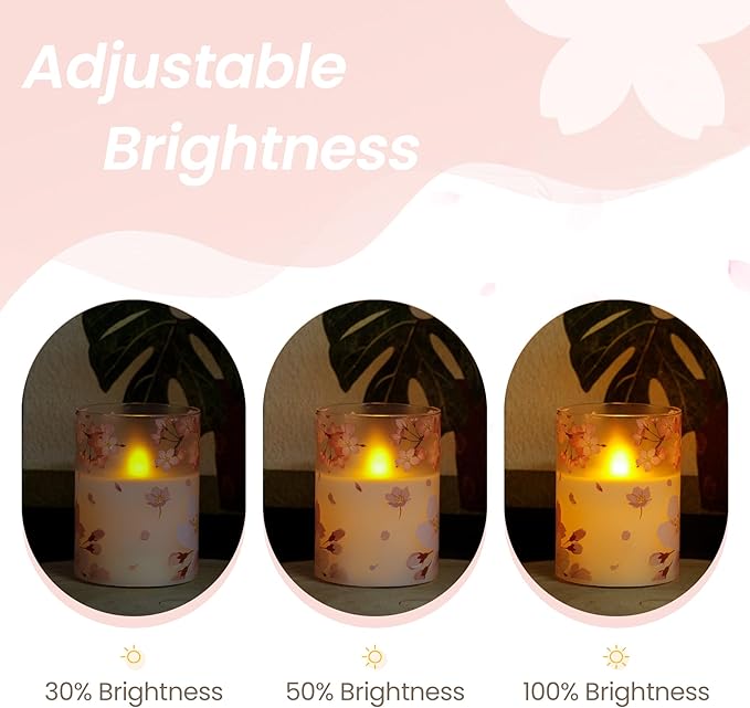 Pack of 3 Flameless Daily Timer Flickering Real Wax Pillar Candles, 3" x 4" 5" 6" LED Battery Operated Pink Cherry Blossoms Glass Warm Light with Remote Control