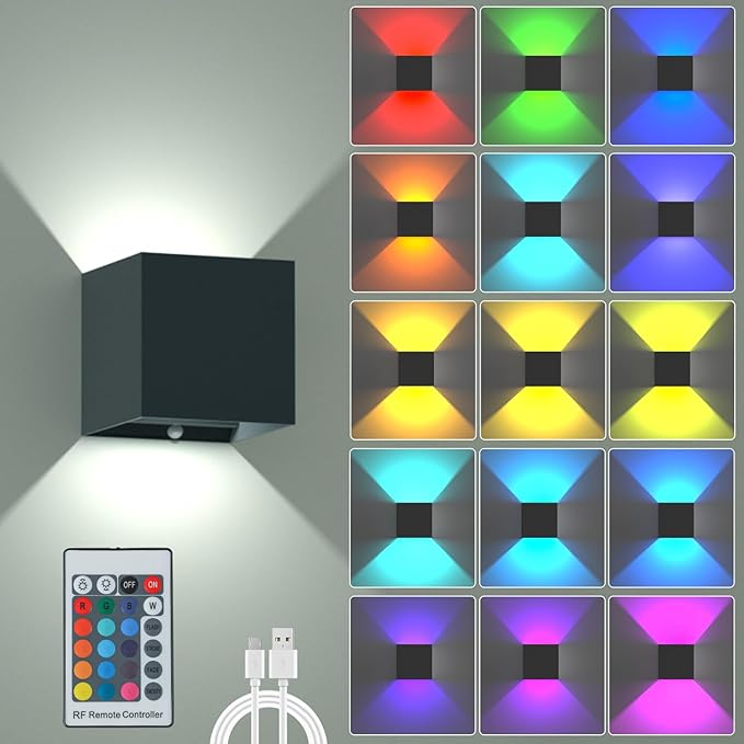 LED Wall Lights for Room Decor, 16 Colors RGB Wall Lamp, Battery Operated Wall Sconce 6000mAh, Rechargeable, Remote Control, Dimmable, Cordless Wall Light for Bedroom Living Room, Black