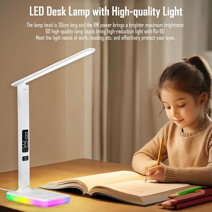 LED Desk Lamp with Wireless and Wired Charging, Foldable Table Light, 5 Brightness and 3 Lighting Modes, Time and Temperature Display, RGB Night Light, USB Powered (Single Head White)