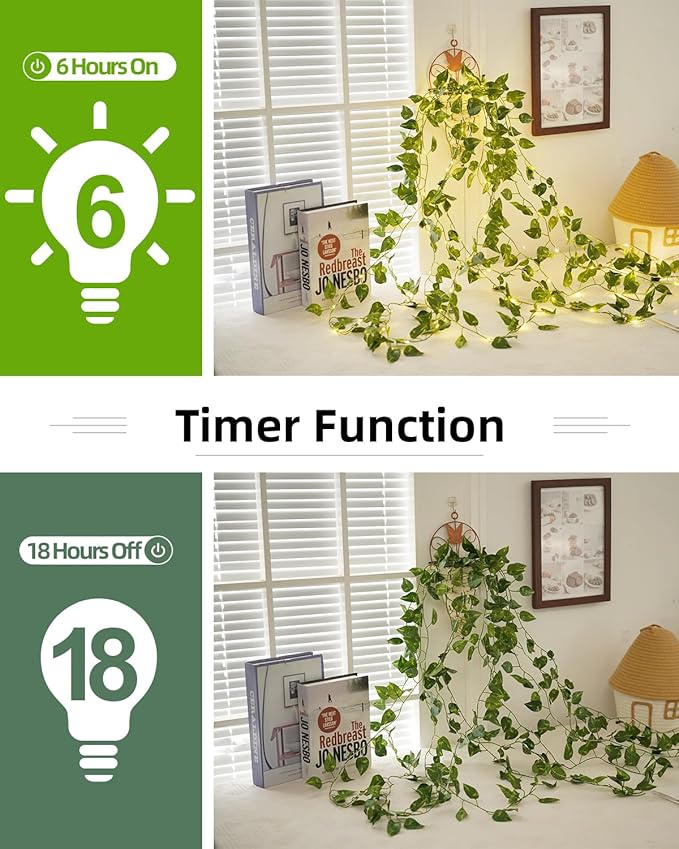 KASZOO 33ft 100 LED Vine with Fairy Lights - Pothos String Lights Battery/USB Operated, Ivy Garland with Remote, Leaf Lights for Bedroom Garden Party Wall Room Decor