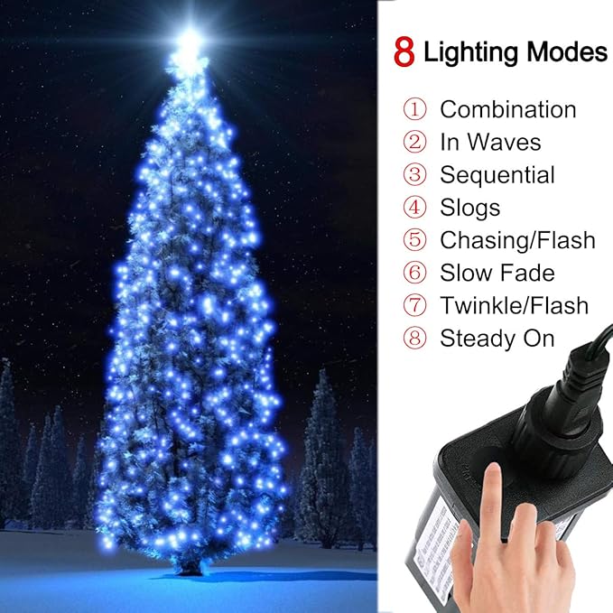 Christmas Tree Lights Blue - 220 LEDs 82ft/25m 8 Modes End-to-End Plug in Outdoor Waterproof Decorative Fairy Twinkle Halloween Indoor String Lights for New Year/Wedding/Thanksgiving Day/Home/Room