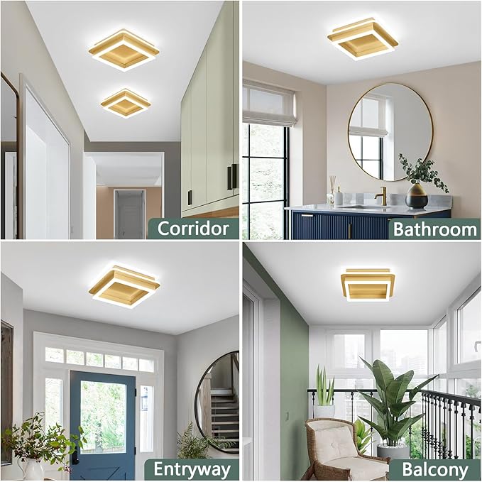 CANEOE 2 Packs Square Modern LED Light Fixture, 24W Black Flush Mount Hallway Light, Small Close to Ceiling Lamp for Living Room, Bedroom, Kitchen, Balcony, Cloakroom (All Gold, 2 Packs)