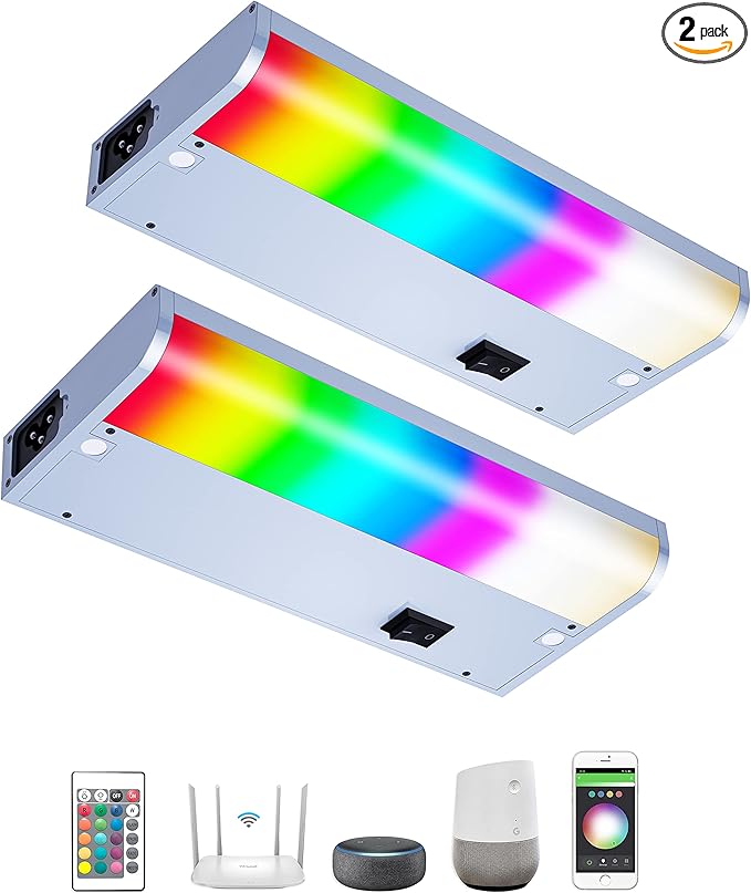 Smart Under Cabinet Lights for Kitchen Counter or Closet Lighting, Hardwired or Plug in, 2700-6500K Adjustable RGB Color Changing,Compatible with Alexa, Google 2-Pack (2-Bar 9 Inch)