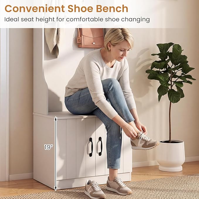 Giantex 3-in-1 Hall Tree with Bench and Shoe Storage, 23.5" Tall Coat Rack with Adjustable Shelves, 4 Hanging Hooks, 2-Door Cabinets, Modern Mudroom Storage Organizer for Living Room, Hallway