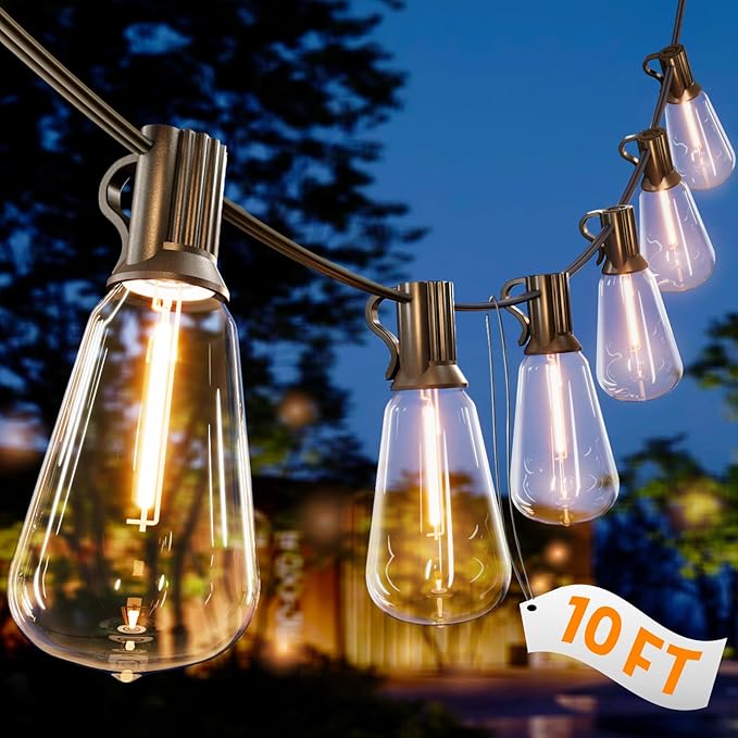 10FT Outdoor String Lights - LED Waterproof Patio Lights with Shatterproof ST38 Edison Plastic Bulb, Connectable Hanging Lighting for Outside Indoor Backyard Yard Gazebo Porch Party Decor - SOLROS