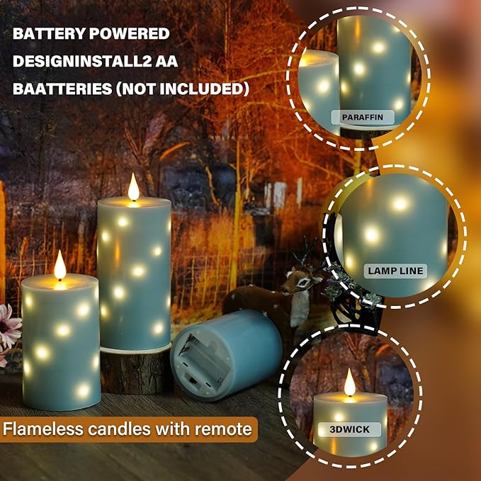 Flameless Candles with Embedded Star String, Real Wax Battery Operated Candles with Remote Timer, Flickering Pillar LED Candle Set for Home Decor Romantic Ambiance （Grey）