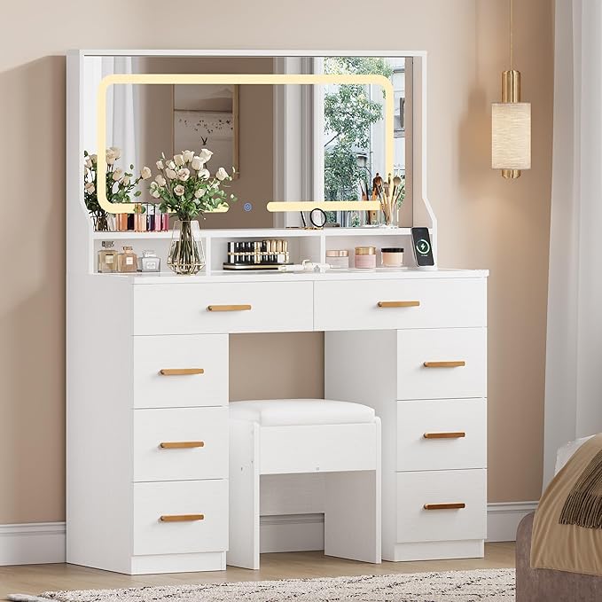 IDEALHOUSE Vanity Desk with Mirror and Lights, Makeup Table with Glass Top & 8 Drawers, 3-Color LED Mirror, Power Outlets & USB, Hair Dryer Holder, Stool Included, Dressing Table Set for Bedroom