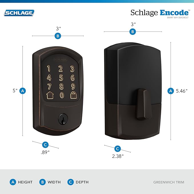 Schlage Encode Smart Wi-Fi Deadbolt Lock with Touchscreen Keypad, Keyless Front Door Entry, App Control, Alexa, Google Home and Airbnb Compatible, Aged Bronze, BE489WB GRW 716