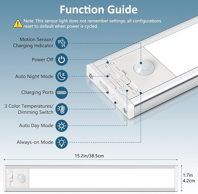Ascher 15.2inch Under Cabinet Lights, 3000mAh Rechargeable Motion Sensor Light indoor, 3 Color Temperatures & Stepless Dimmable Closet Lights, Magnetic Under Counter Light for Kitchen, Silver - 2 Pack