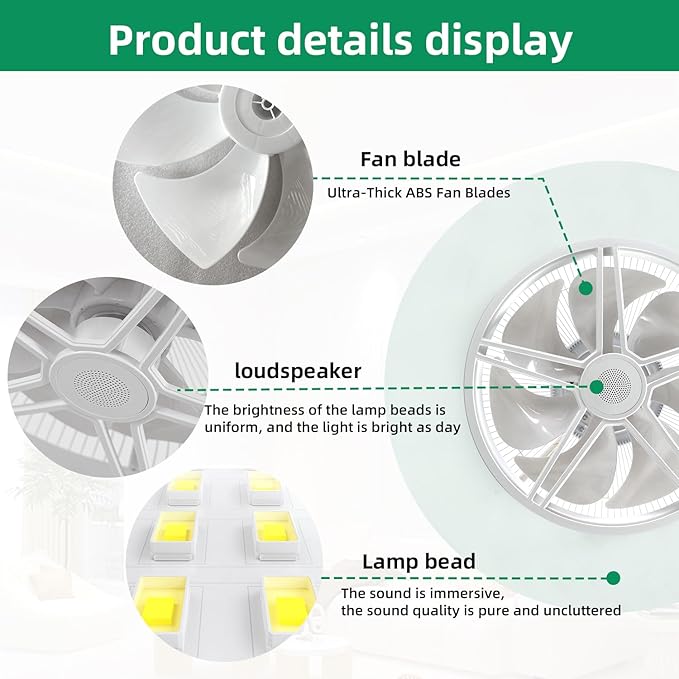 Low Profile Ceiling Fan with Light, Enclosed Bladeless Ceiling Fan, Bluetooth Speaker, 6 Speeds Reversible, Stepless Dimming, Smart Flush Mount Ceiling Light for Bedroom, Kids Room and Living Room 22"
