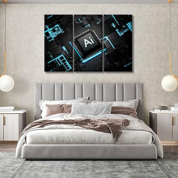 3 Panel Framed Wall Art Artificial Intelligence Processor Smart Microchip Pictures Print on Canvas for Home Wall Decoration, Gallery-Wrapped Ready to Hang, 20x40inchx3