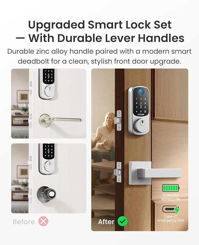 DESLOC B200 Fingerprint Smart Lock with 2 Durable Lever Handles, Keyless Entry Front Door Lock Set, Electronic Keypad Deadbolt, App Control, DIY Installation, Designed for a Secure DESLOC Home, Silver