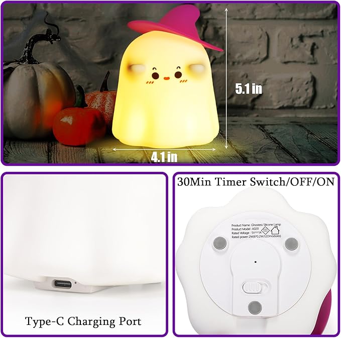 Ghost Night Light, Cute LED Silicone Lamp,Dimmable Bedside Bedside LED Lamp, Rechargeable Nursery Nightlight, with 30 Minute Timer Touch Lamp for Birthday Halloween Christmas Bedroom Decorations