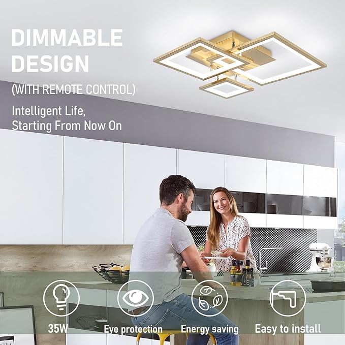 Modern Gold Led Ceiling Light 3-Square Design 3000K-6500K Dimmable LED Ceiling Light with Remote 33W Acrylic Ceiling Lighting Fixture for Bedroom Kitchen Dining Room Office Lamps