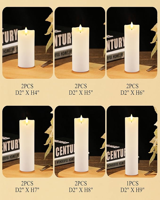 9-Pack White Flickering Flameless Candles Set with Remote Timer, 2" Diameter LED Pillar Battery Operated Candles Bulk for Home, Rustic and Farmhouse Decor (H 5" 6" 7" 8" 9")