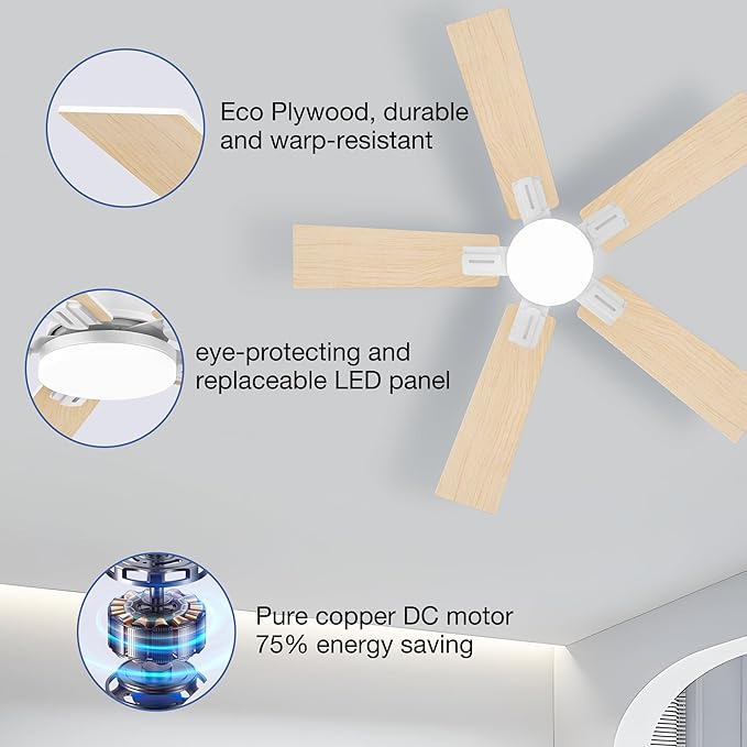 42 Inch Ceiling Fans with Lights,Smart Low Profile Ceiling Fan with Light and Remote Control,Alexa,APP,White Flush Mount Ceiling Fans for Small Bedroom,Patio,Outdoor Indoor Use,Dimmable LED,6 Speed